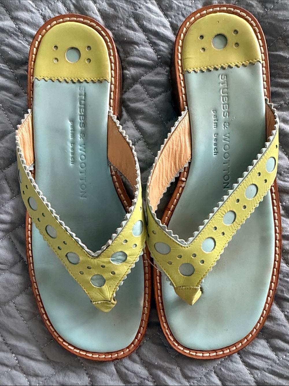 Stubbs & Wootton Women's Yellow and Light Blue Perforated Leather Thong Sandals